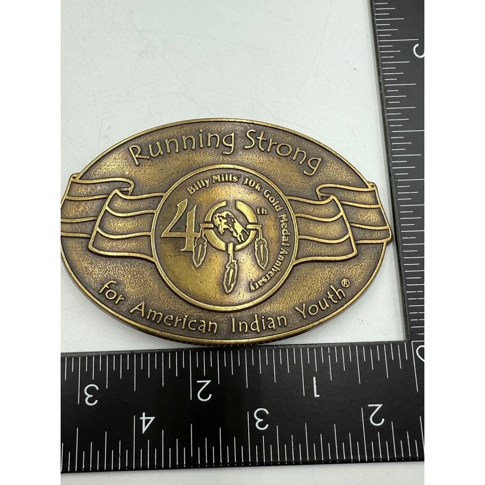 Billy Mills Running Strong 40th Anniversary Belt Buckle Brass Olympic Gold Medal